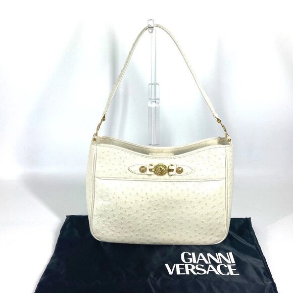 VERSACE Hand Bag Sunburst Vintage Shoulder Bag Embossed Leather WhiteBased/Gold - Picture 1 of 15